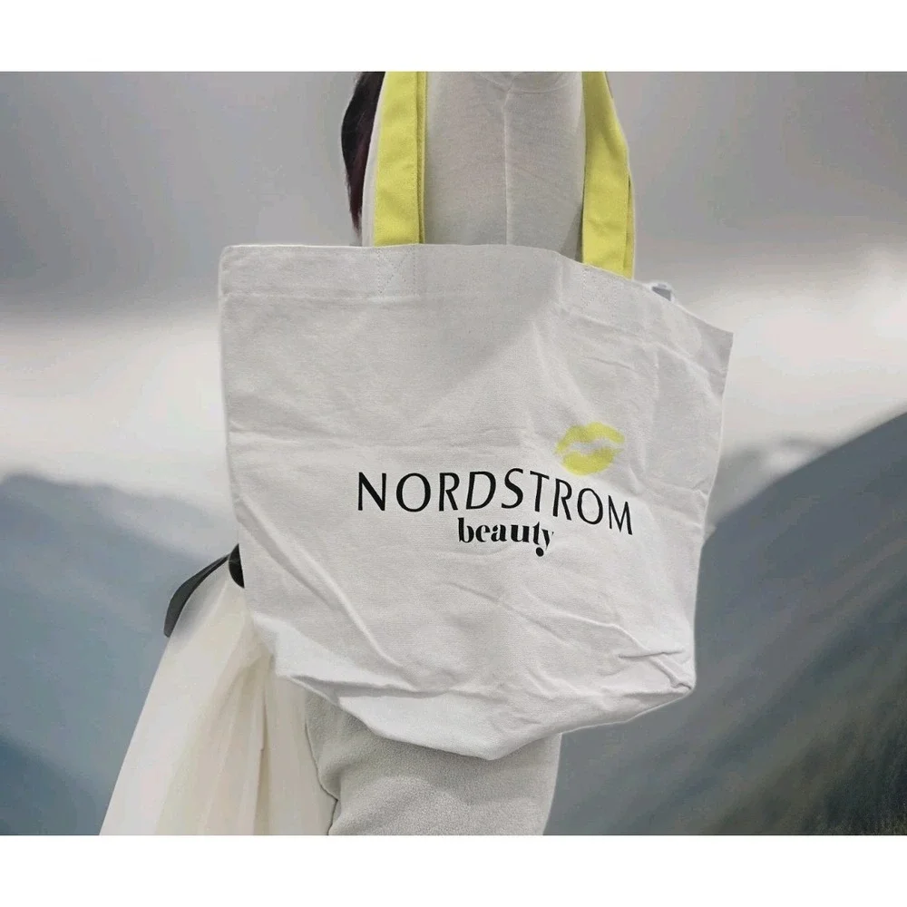 NORDSTROM beauty Canvas Tote Bag - White with Bright Yellow Handles & Lip Print!